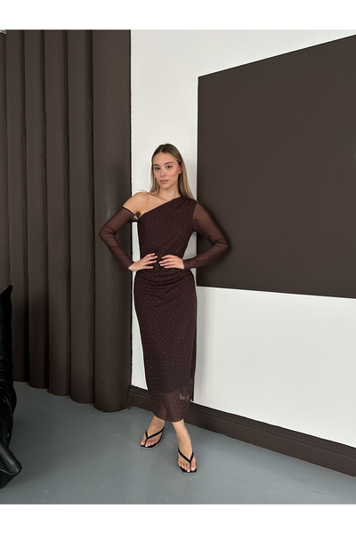 MODAMERSİ Women's Brown One Shoulder Stone Tulle Dress