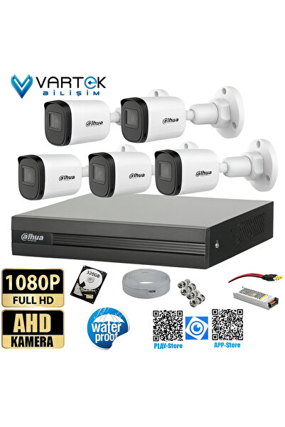DAHUA 5 Kameralı Full HD 1080P AHD Kayıt Seti + 320GB Hard Disk – İç Dış Meka...