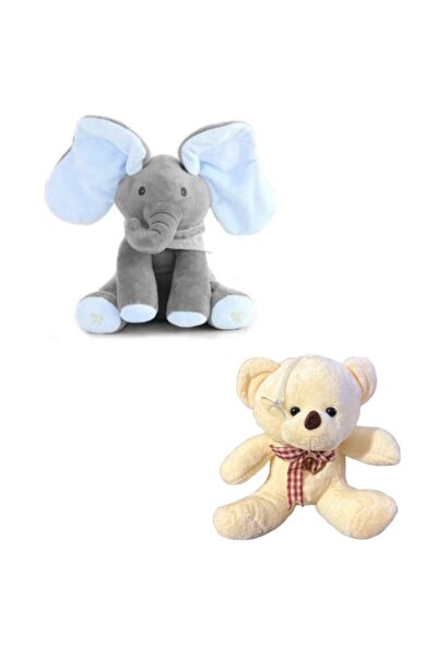 OEM Set: Elefantul Cucu-Bau Gri/Albastru+ Ursulet de Plus 18 Cm, Crem