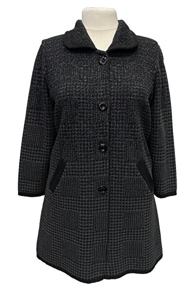 Giyinen Mağazaları Selcan Turn-Down Collar Houndstooth Pattern Buttoned Double Pocket Winter Cardigan