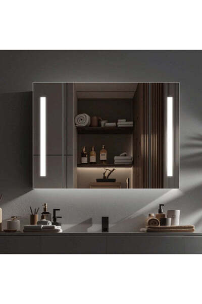 ALC-Shop Oglinda LED cu Dulap AXEN 100x70 cm Alb – Banda Verticala si Senzor Touch