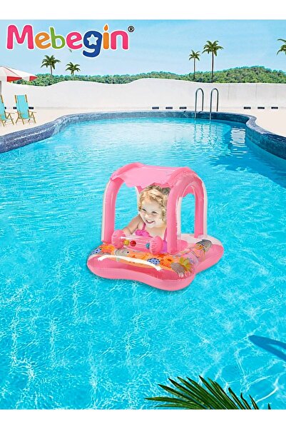 MEBEGIN عوامة حمام سباحة للأطفال مع مظلة شمسية، لعبة حمام سباحة قابلة للنفخ مع أنماط كرتونية وأجراس، لعبة سباحة