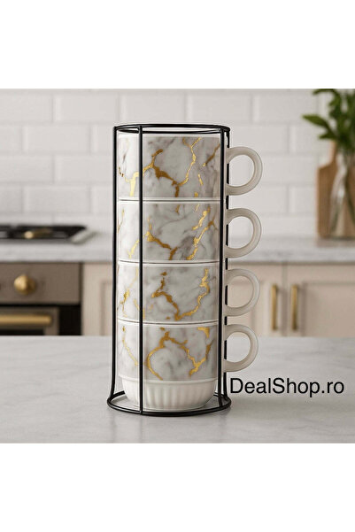 dealshopromania Set de 4 cești de cafea ceramice 250 ml cu suport metalic, de...