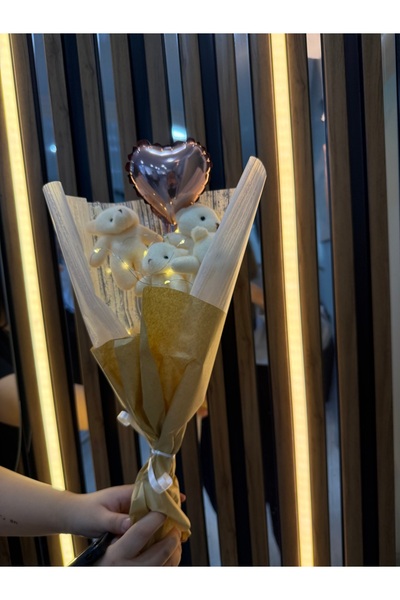 nesshomeeart Kalpli, Ledli Ayıcık Buketi Özel Gün Sevgiliye Hediye Buketi