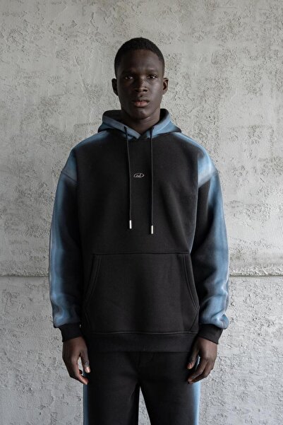 Machinist Erkek Hand Made Sprey Efektli Şardonlu Kapüşonlu Sweatshirt Siyah