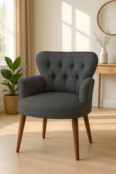 WATERYBROOK Modern Keten Kumaş Berjer – Ahşap Ceviz Demonte Ayaklı Tekli Kolt...