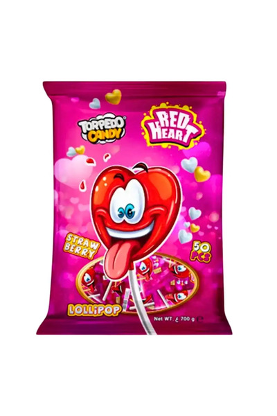 TORPEDO Candy Red Heart Strawberry Flavored Lollipop 50pcs- 700gms