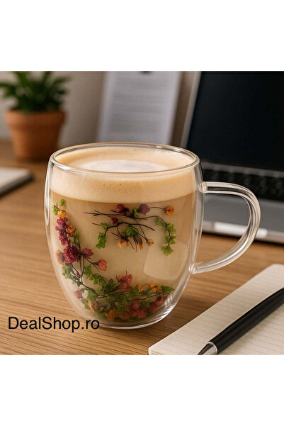 dealshopromania Set de 6 căni din sticlă termorezistentă cu pereți dubli, cu flori uscate colorate – design elegant de 250 ml