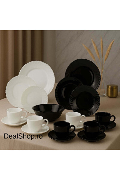 dealshopromania Set de cină și cafea din opal rezistent la căldură, 31 de piese, alb și negru