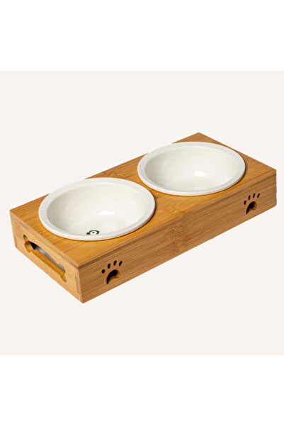 PisiMall Bol Peștișor dublu pentru animale de companie, ortopedic, ceramic, cu suport de lemn, 2x200 ml