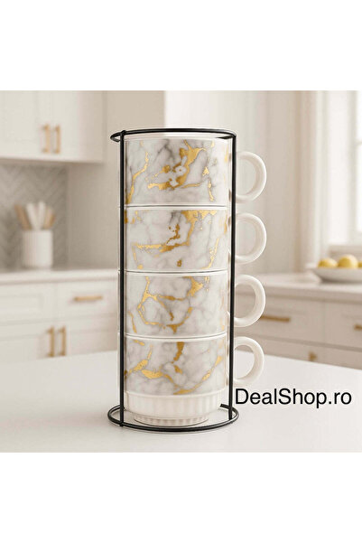 dealshopromania Set de 4 cești de cafea ceramice 250 ml cu suport metalic, de...