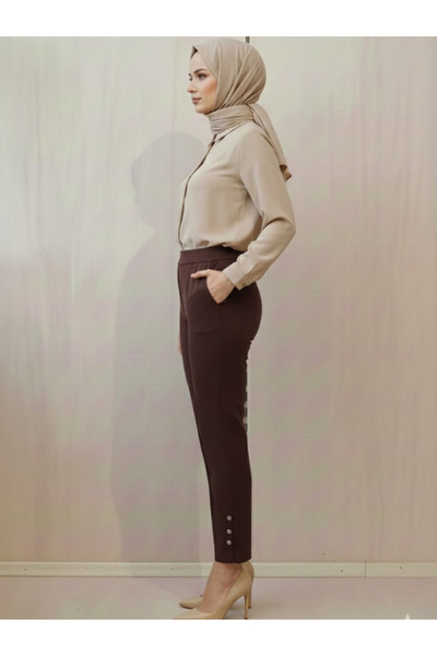 Famelin Women's Elastic Waist Pencil Cut Trousers with Leg Detail