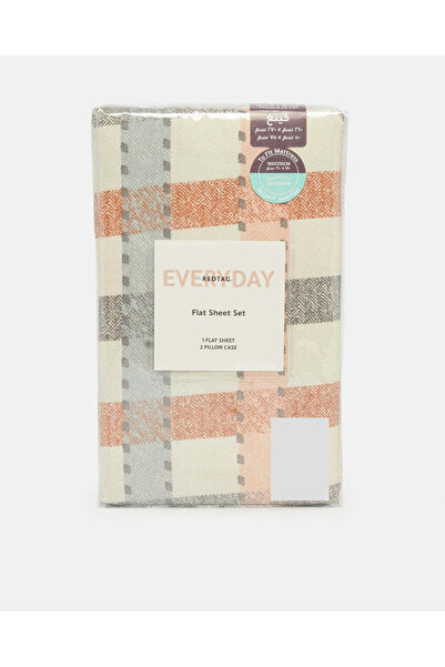 REDTAG Beige 3 Piece Checkered Flat Sheet (King Size)