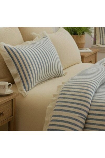 shules collection Blue-Beige 100% Cotton Ruffle Yarn-Dyed Duvet Cover Set, Modern Striped (Single Size)