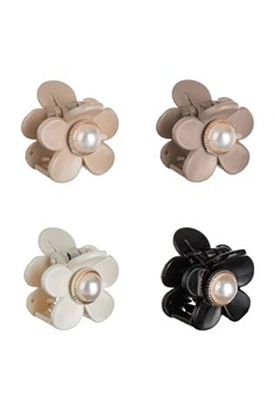 BAMI NETWORK Set of Shiny Flower Hair Clips with Black Bead Beige Ecru Brown ...