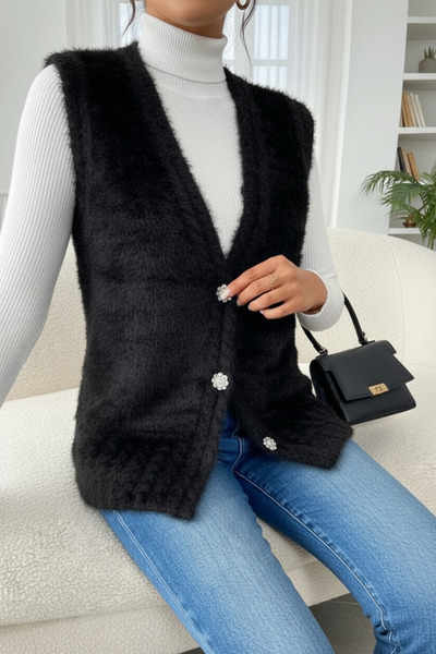 NEWCO Women's Feather Knit Vest with Stone Embroidered Buttons, Soft Texture, Casual and Easy to Match