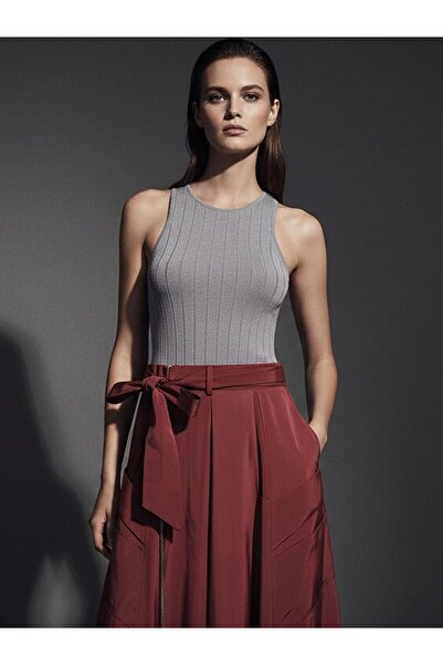 RİVUS Beli Belted Zippered Slit Detailed Pocketed Skirt - Burgundy