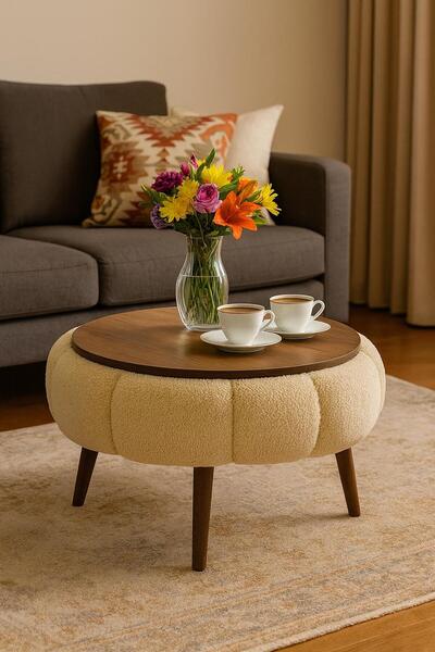 ZİERRA Papatya Wellsoft Krem Kumaş Kaplamalı Yuvarlak Orta Sehpa