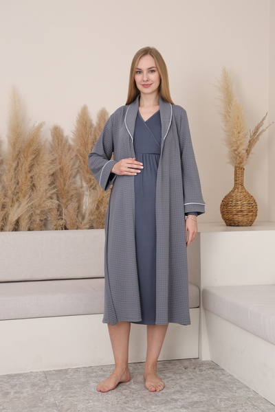 Miss Dünya Lissa Softwave Maternity and Postpartum Nightgown Set with Long Sleeves and Quilted Dressing Gown, Suitable for Breastfeeding