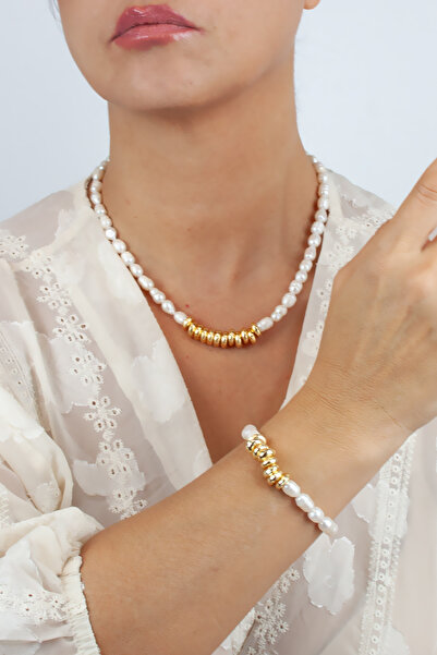 Liveyn Design Gold Detail Real Natural Water Pearl Necklace Bracelet Set