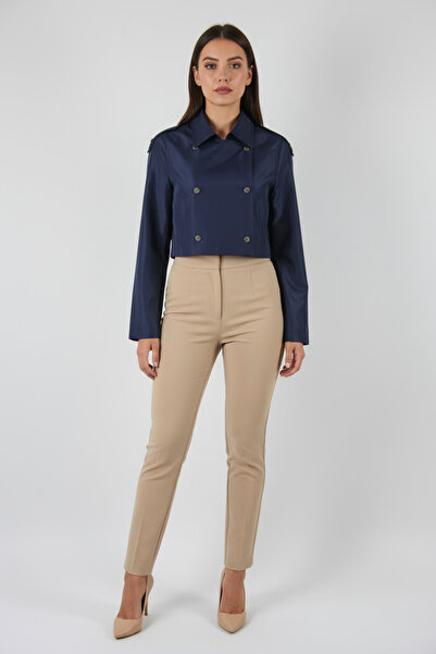 Volanlı Lacivert Kısa Kesim Trençkot