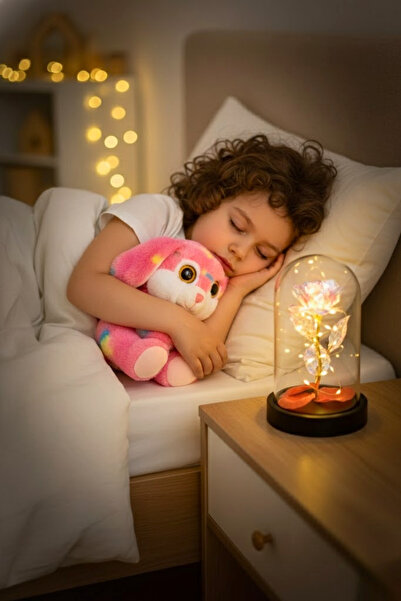 viyolmarketim Peluş Tavşan Uyku Arkadaşı + Işıklı Fanus Gül Hediyelik Set – Ç...