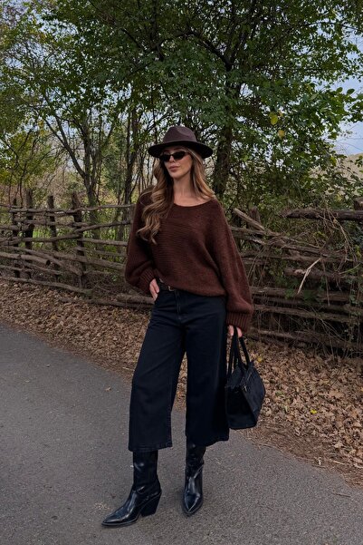 Laluvia Brown Boat Neck Sweater - 4338