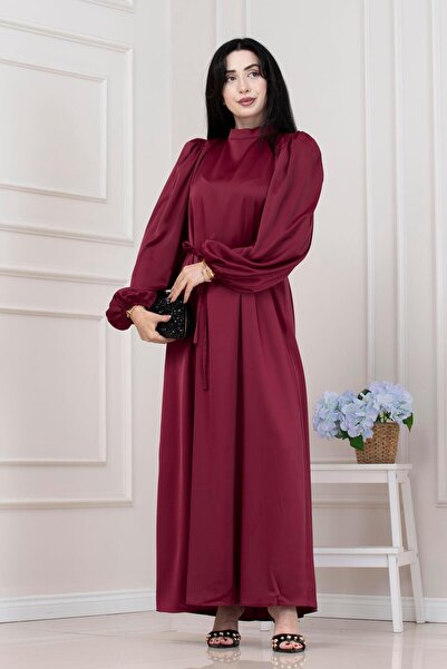 Sevitli Beli Lace-Up Balloon Sleeve Evening Dress-Bordo