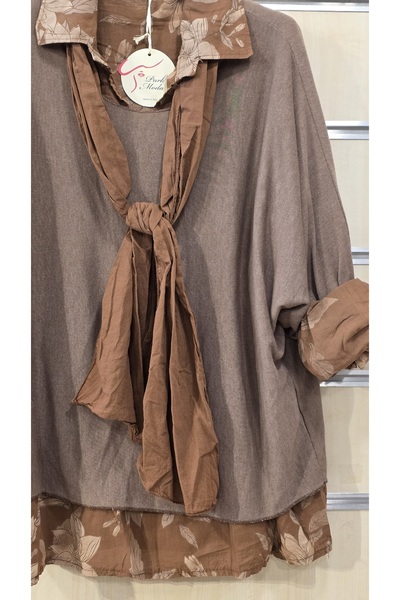 Park Moda Βαμβακερή μπλούζα με φουλάρι και πουκάμισο