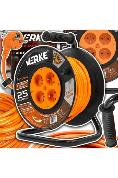 VERKE Cable extension roll with metal frame, 25 meters 3 x 1 mm,