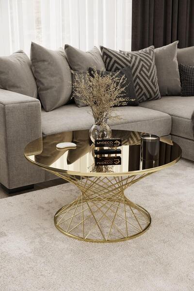 MYDECO Hasır Orta Sehpa Gold Kaplama Bronz Ayna