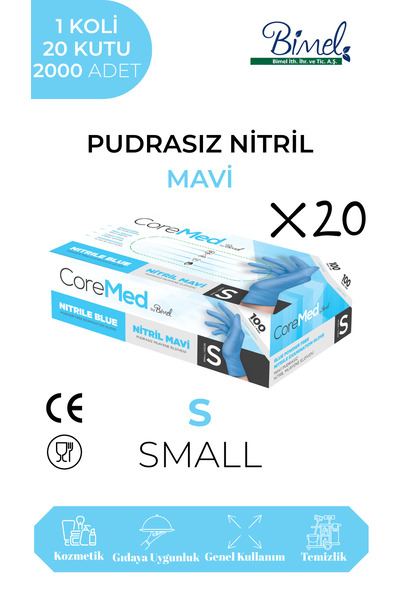 COREMED قفازات فحص النتريل الزرقاء الخالية من البودرة S - 1 صندوق - 20 عبوة -...