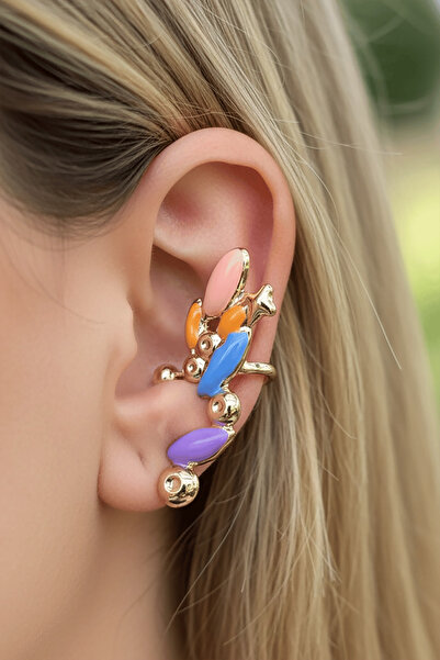 TAKIŞTIR Altın Renk Renkli Taş Detaylı 14K Altın Kaplama TX Ear Cuff (Tek)