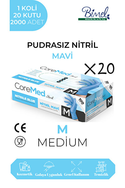 COREMED Nitril Mavi Pudrasız Muayene Eldiveni M - 1 Koli-20 Paket-2000'li