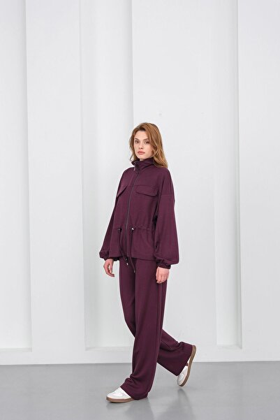 Basicpark Mürdüm Women's Full-Length Zippered Mock Neck Piece Premium Modal Top and Bottom Set