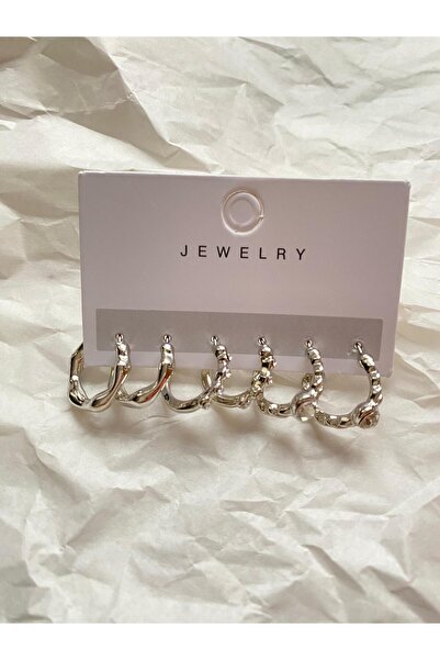 İlraysa Kadın Gümüş Renk 6’lı Halka Küpe Seti | Minimal – Taşlı – Trend Taş M...