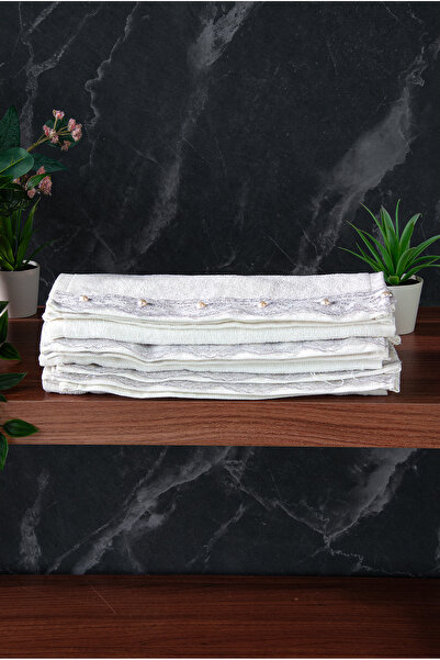 ihvan online 100% Cotton Velvet Guipure Lace Pearl Embroidered Set of 6 Dowry Hand Towels - 30X50 cm - 04466 - Gray