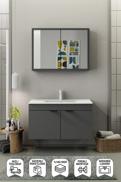 BİANİ FİX Loft 100 Cm Banyo Dolabı Renk Mat Gri