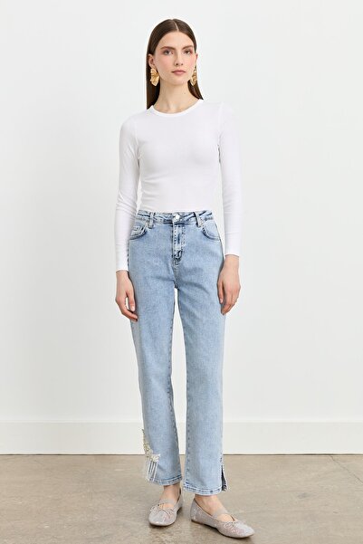 Nihan Paçası İşlemeli Jean Denim Pantolon Mavi