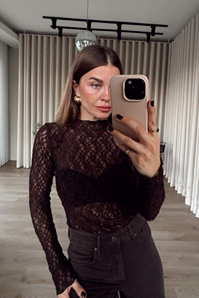 Sue Store Bitter Brown Lace Embossed Transparent Blouse
