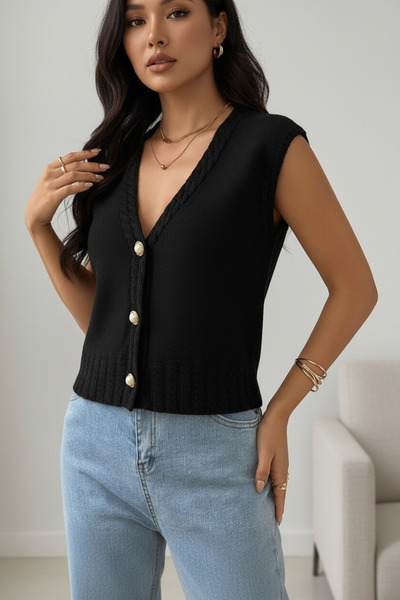 NEWCO Knitted Detail Comfortable Fit Pearl Button Detail Vest Cardigan