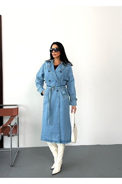 Zeo Basic Women's Blue Trench Coat Overcoat Waist Belted Side Pockets