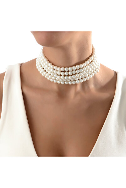 Pinart قلادة أنيقة من اللؤلؤ الزجاجي ذات 5 صفوف (طوق) PNRTB001450