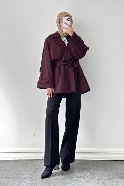 lamelif Κοντό παλτό με επένδυση ώμου μπορντό