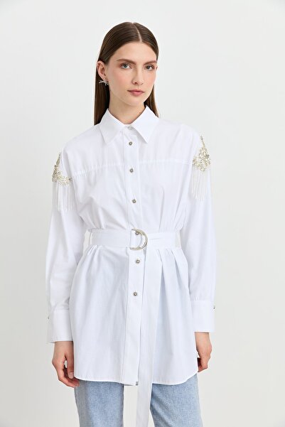 Nihan Kolları İşlemeli Kuşaklı Pamuk Tunik Ekru
