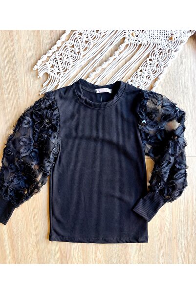 eladamoda Black Sleeve Part Embroidery Detailed Girls' Cotton Blouse