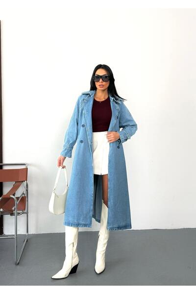 Zeo Basic Women's Blue Trench Coat Overcoat Waist Belted Side Pockets