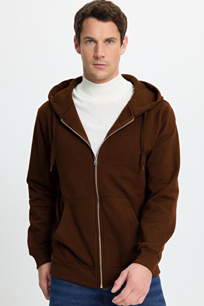 Tudors Unisex Relax Fit Relaxed Cut Βαμβακερό Fleece Εσωτερικό Διπλή Τσέπη Πλήρες φερμουάρ Καφέ Φούτερ με κουκούλα
