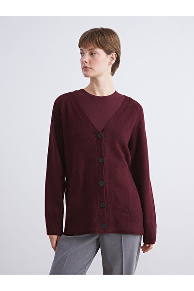 LC Waikiki Vision Burgundy V-Neck Women's Knitwear Cardigan