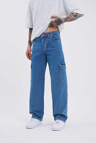 Machinist Men's Washable Cargo Pocket Pack Baggy Fit Jean Trousers Dark Blue